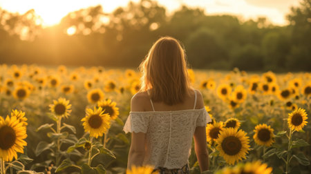 Back view of a woman walking through a sunflower field, bathed in the golden light of the setting sun generative aiの素材