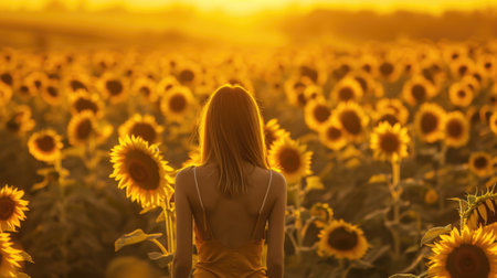 Back view of a woman walking through a sunflower field, bathed in the golden light of the setting sun generative aiの素材