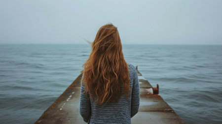 Back view of a woman with long hair, standing on a pier and looking out at a calm sea generative aiの素材