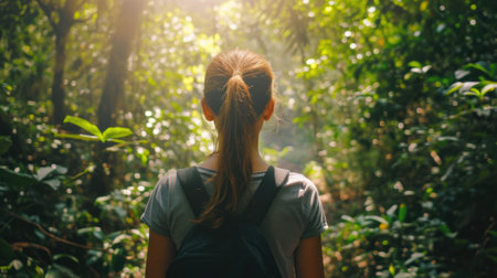 Back view of a woman with a ponytail, hiking through a dense forest with dappled sunlight generative aiの素材