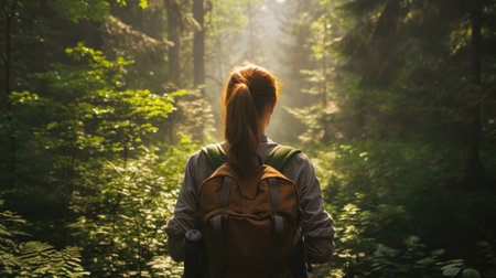 Back view of a woman with a ponytail, hiking through a dense forest with dappled sunlight generative aiの素材