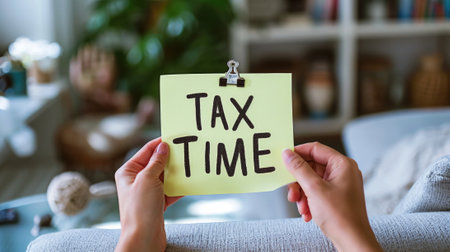 Close-up of a hand holding a "TAX TIME" sticky note in a cozy living room setting generative aiの素材