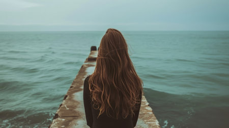 Back view of a woman with long hair, standing on a pier and looking out at a calm sea generative aiの素材