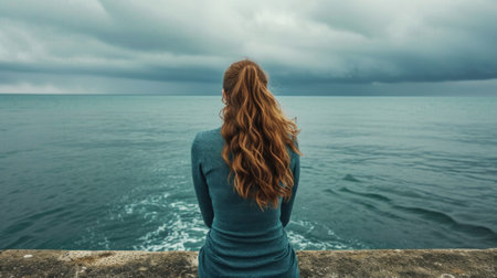 Back view of a woman with long hair, standing on a pier and looking out at a calm sea generative aiの素材