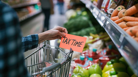 Closeup of a person holding a "TAX TIME" sticky note in a supermarket generative aiの素材