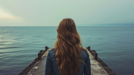 Back view of a woman with long hair, standing on a pier and looking out at a calm sea generative aiの素材