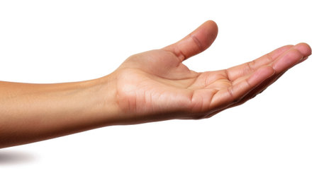 Close-up of an outstretched hand, fingers spread, isolated white background generative aiの素材