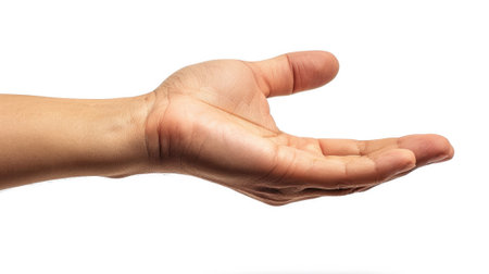 Close-up of an outstretched hand, fingers spread, isolated white background generative aiの素材