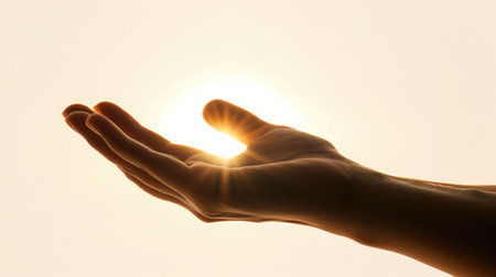 Closeup of a hand cupping sunlight generative aiの素材