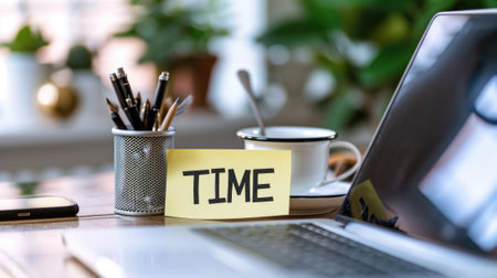 Close-up photo of a "TAX TIME" sticky note on a laptop in a cozy home workspace generative aiの素材
