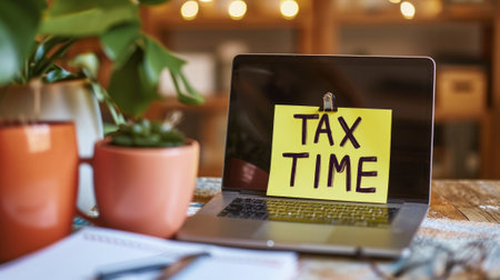 Close-up photo of a "TAX TIME" sticky note on a laptop in a cozy home workspace generative aiの素材