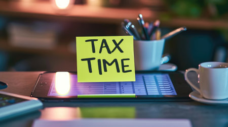 Close-up photo of a "TAX TIME" sticky note on a tablet screen in a modern workspace generative aiの素材