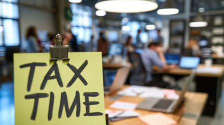 Close-up photo of a "TAX TIME" sticky note on a desk in a busy office room, with people working in the background generative aiの素材