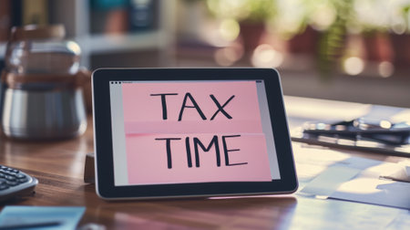 Close-up photo of a "TAX TIME" sticky note on a tablet screen in a modern workspace generative aiの素材