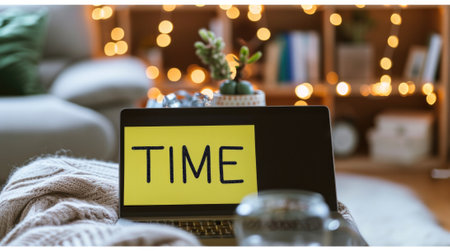 Close-up photo of a "TAX TIME" sticky note on a laptop in a cozy home workspace generative aiの素材