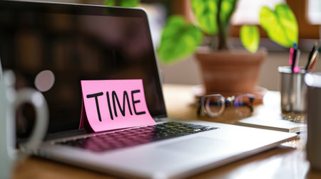 Close-up photo of a "TAX TIME" sticky note on a laptop in a cozy home workspace generative aiの素材
