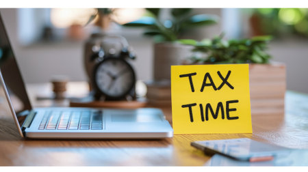 Close-up photo of a "TAX TIME" sticky note on a laptop in a cozy home workspace generative aiの素材