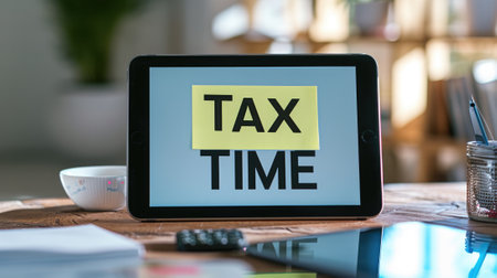 Close-up photo of a "TAX TIME" sticky note on a tablet screen in a modern workspace generative aiの素材