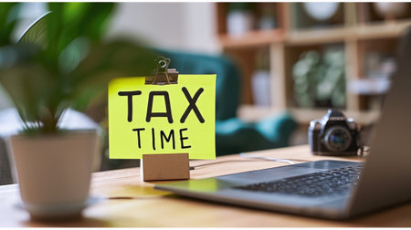 Close-up photo of a "TAX TIME" sticky note on a laptop in a cozy home workspace generative aiの素材