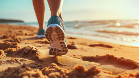 Closeup of feet of athlete runner running on a beach. generative aiの素材