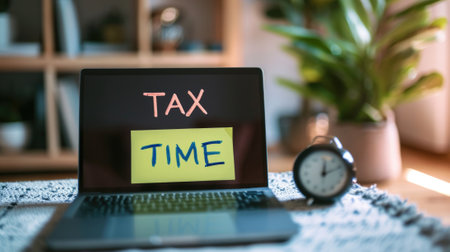 Close-up photo of a "TAX TIME" sticky note on a laptop in a cozy home workspace generative aiの素材
