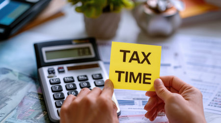 Close-up of a person holding a sticky note that says "TAX TIME" generative aiの素材