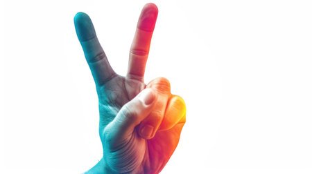 Representation of a hand gesturing the peace sign, with a radiant glow, isolated white background generative aiの素材