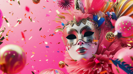 carnival composition with funny festive masks and decorations on a lively pink background generative aiの素材