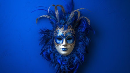 Spectacular Venetian carnival mask displayed on a royal blue background, generative aiの素材