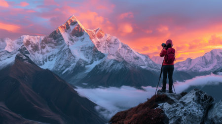 Landscape photographer capturing sunrise over a majestic mountain range generative aiの素材