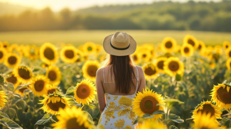 Strong and confident woman fighting cancer, standing tall in the middle of a field of sunflowers, generative aiの素材