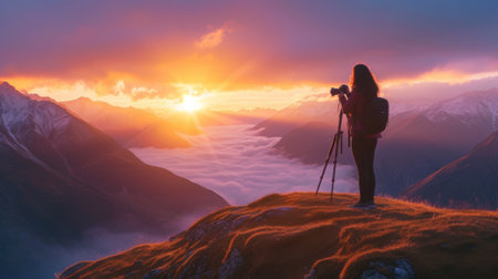 Landscape photographer capturing sunrise over a majestic mountain range generative aiの素材