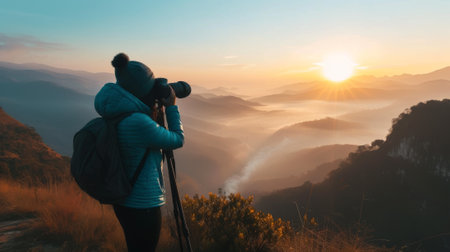 Landscape photographer capturing sunrise over a majestic mountain range generative aiの素材