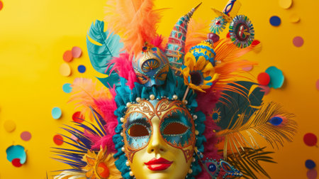 Carnival composition with energetic masks and festive decorations on a vibrant yellow background. generative aiの素材