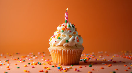 Close-up image of a festive cupcake with sprinkles and a single candle generative aiの素材
