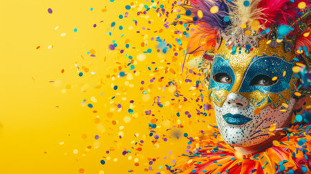 Carnival composition with energetic masks and festive decorations on a vibrant yellow background. generative aiの素材