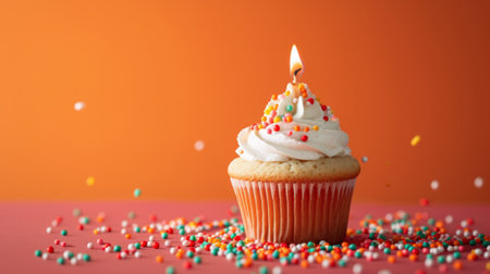 Close-up image of a festive cupcake with sprinkles and a single candle generative aiの素材