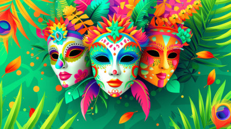 Cheerful carnival design with vibrant masks and playful ornaments set against a refreshing green background, generative aiの素材