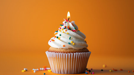 Close-up image of a festive cupcake with sprinkles and a single candle generative aiの素材