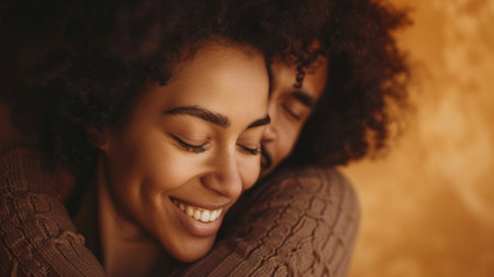 Close-up shot of a happy couple embracing, surrounded by a warm brown studio background, generative aiの素材