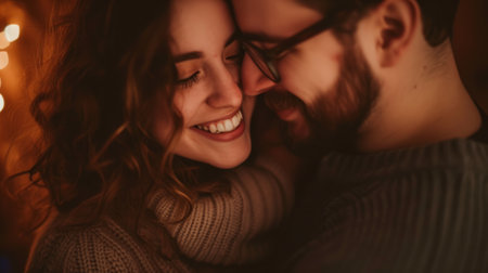 Close-up shot of a happy couple embracing, surrounded by a warm brown studio background, generative aiの素材