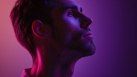 Close-up of a man in a thoughtful pose, in front of a purple studio background generative aiの素材