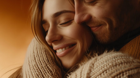 Close-up shot of a happy couple embracing, surrounded by a warm brown studio background, generative aiの素材