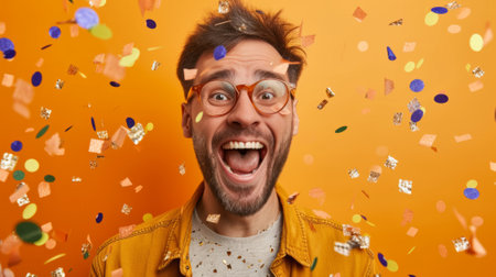 Close-up shot of a man expressing surprise, surrounded by confetti, against a lively orange studio background, generative aiの素材
