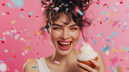 Close-up shot of a young woman with a joyful expression, surrounded by vibrant confetti, holding a cupcake generative aiの素材