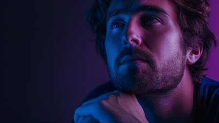 Close-up of a man in a thoughtful pose, in front of a purple studio background generative aiの素材