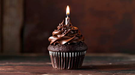 Close-up view of an enticing chocolate cupcake topped with a single candle generative aiの素材