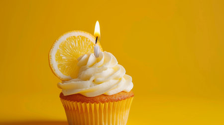 Delicious cupcake with lemon-flavored frosting and a single candle, generative aiの素材