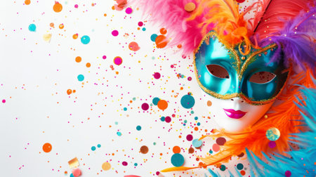 Dynamic carnival design showcasing colorful masks and playful decorations against a clean white background generative aiの素材