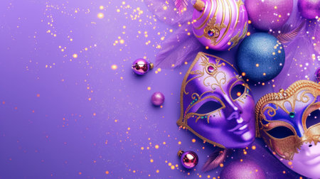 Dynamic carnival design with energetic masks and festive ornaments against a captivating lavender background, generative aiの素材